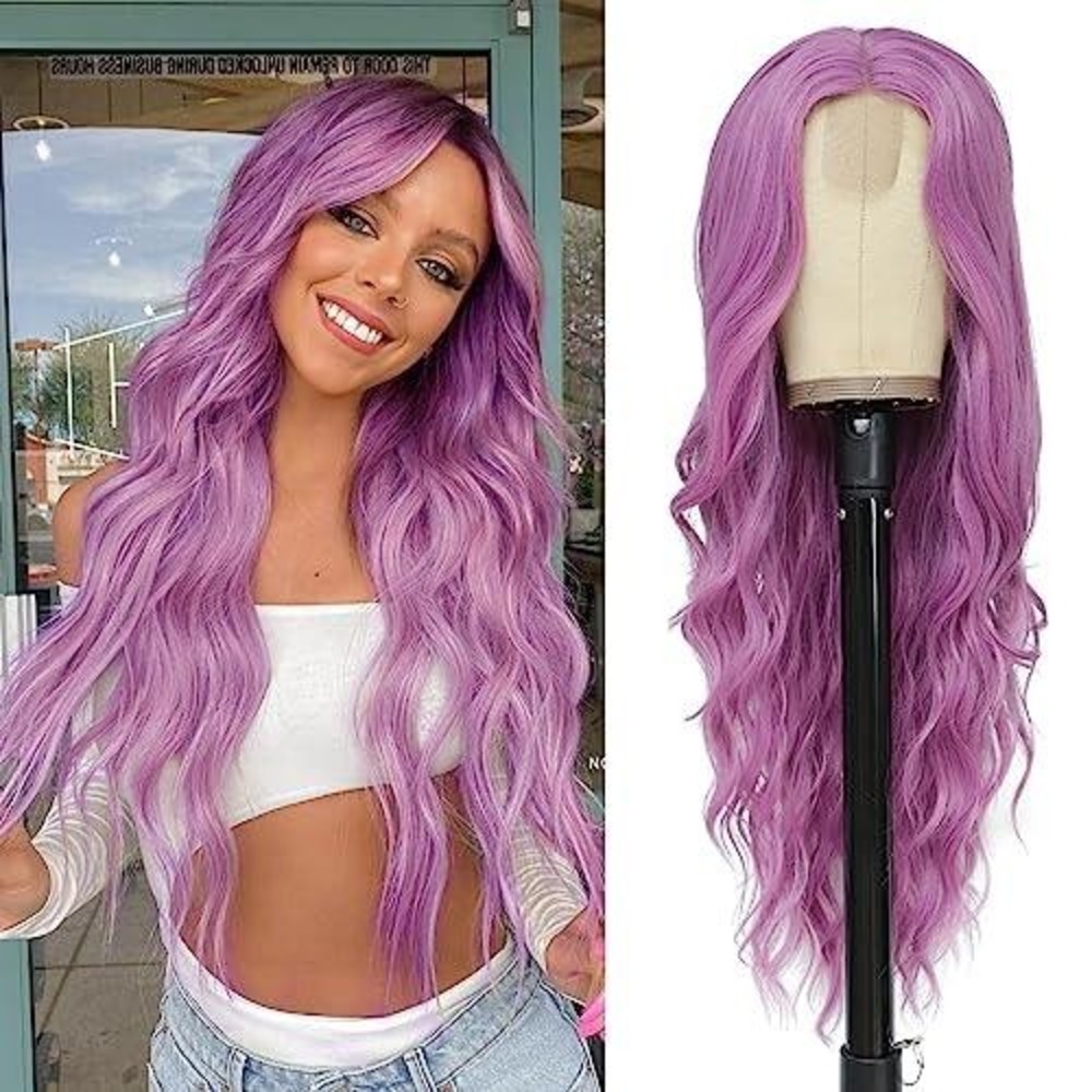 Long Wavy‎ Purple Wig Lavender Synthetic Heat Resistant Hair Cosplay Daily Wear